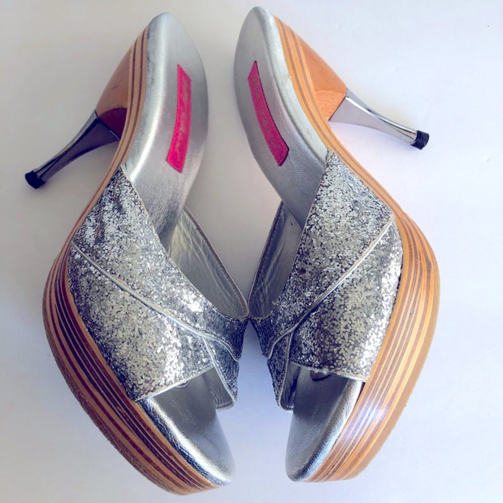 Betsey Johnson Silver Glitter Polly Mules | Size 7